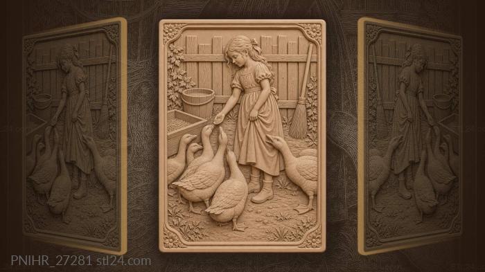 Girl feeding geese farmyard scene 3d STL model