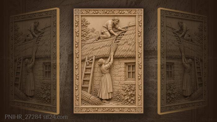 Man threads reed along the roof ridge 3d STL model