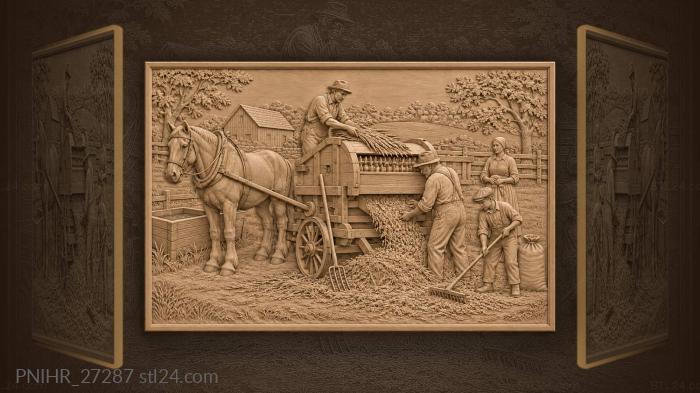 Villagers feed sheaves into horse thresher 3d STL model