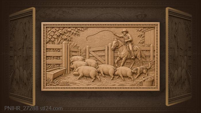 Horseman drives pigs through the gate 3d STL model