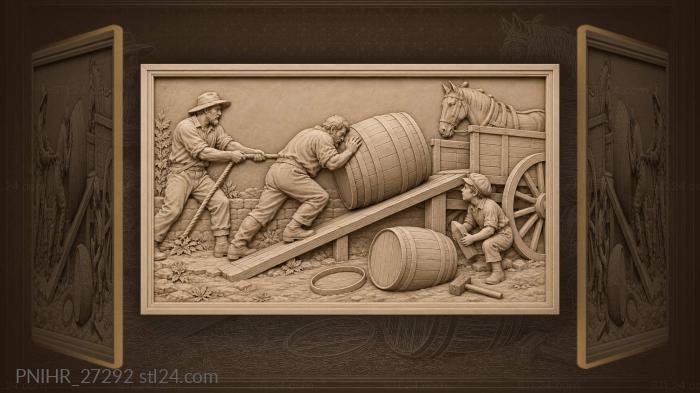 Workers heave barrel as child braces it 3d STL model