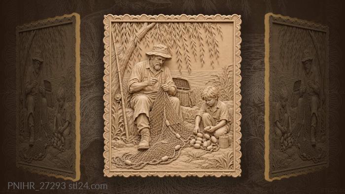 Fisherman mends his net by the river 3d STL model