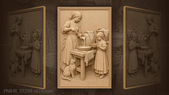 Milkmaid with cat and young helper 3d STL model