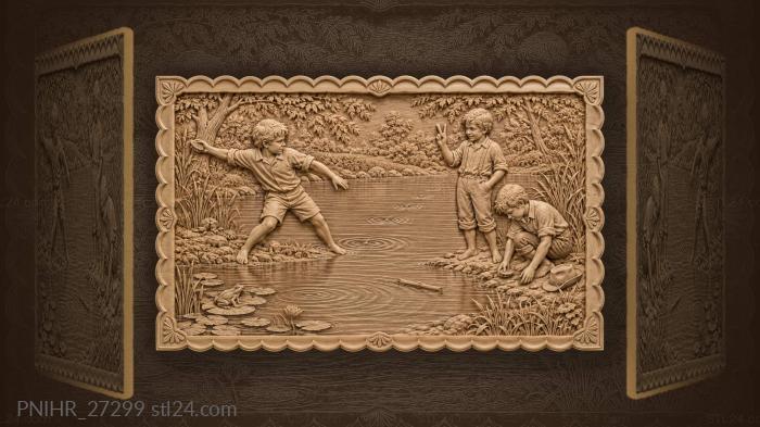 Boys skipping stones across the pond 3d STL model