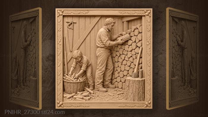 Woodcutter and son gather firewood 3d STL model