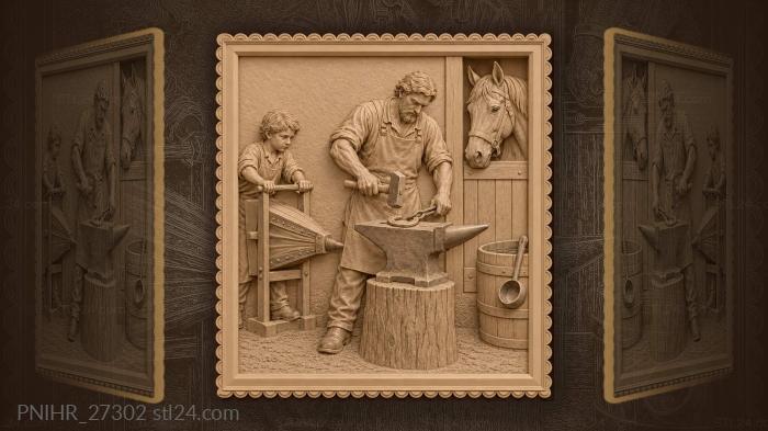 Horse waits as blacksmith forges horseshoe 3d STL model