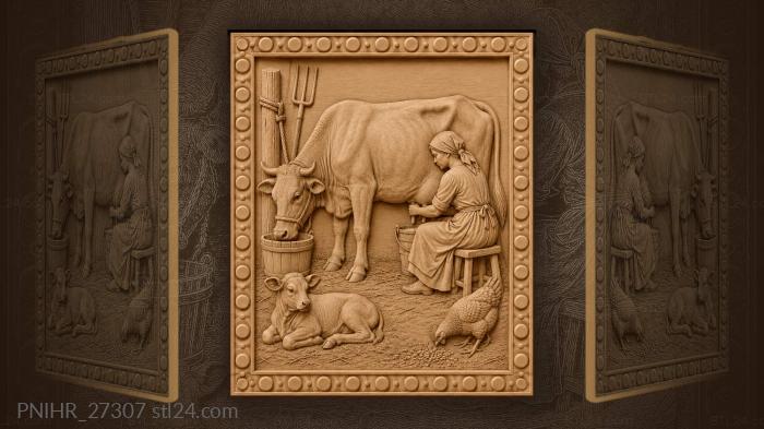 Country milkmaid with cow and calf 3d STL model