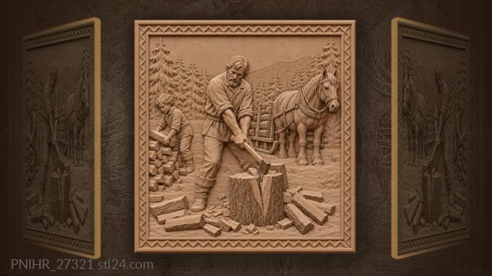 Axeman cutting into a thick log 3d STL model