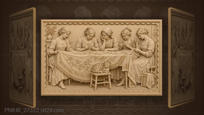 Women embroidering linen with a cat 3d STL model