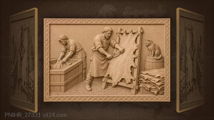 Worker soaks hide while fellmonger scrapes another 3d STL model