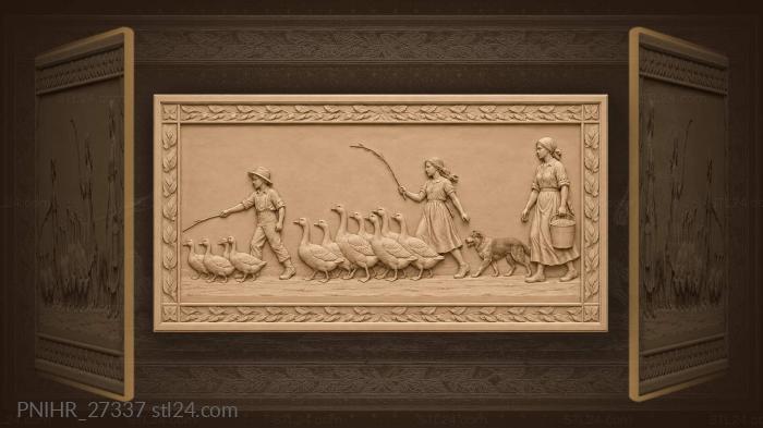 Girl drives geese along the dusty road 3d STL model