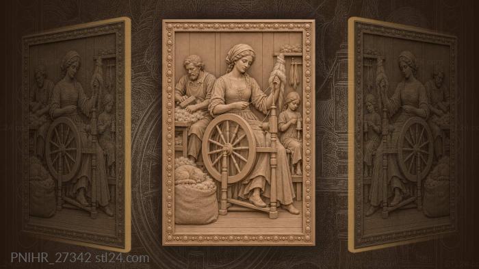 Spinner spins flax as her child winds bobbins 3d STL model