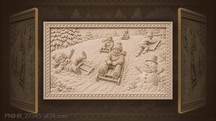 Children race downhill past snowman 3d STL model