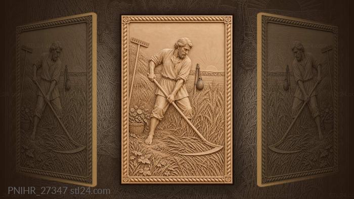 Peasant cuts grass beside haystack 3d STL model