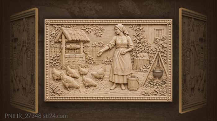 Woman scattering grain to chickens yard 3d STL model