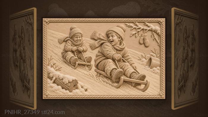 Two boys racing sleds downhill 3d STL model
