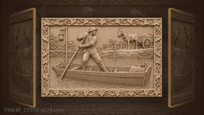 Ferryman poles boat toward waiting cart 3d STL model