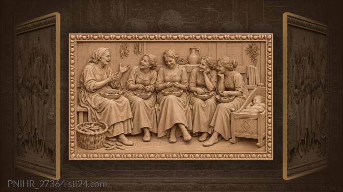 Women shell peas beside sleeping infant 3d STL model