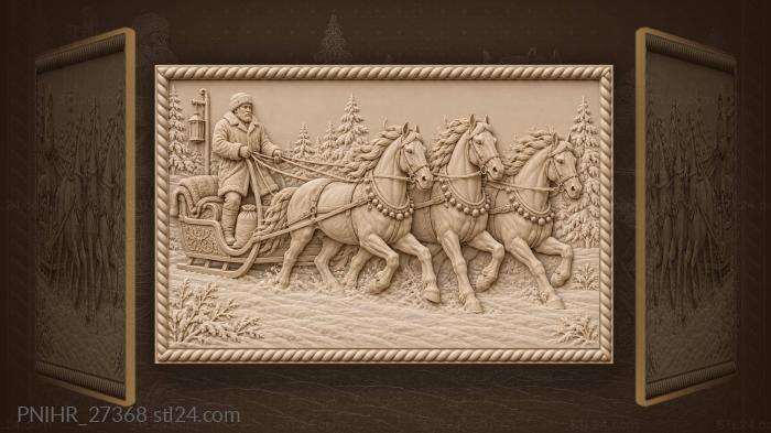 Horses pull sleigh across snowy field 3d STL model