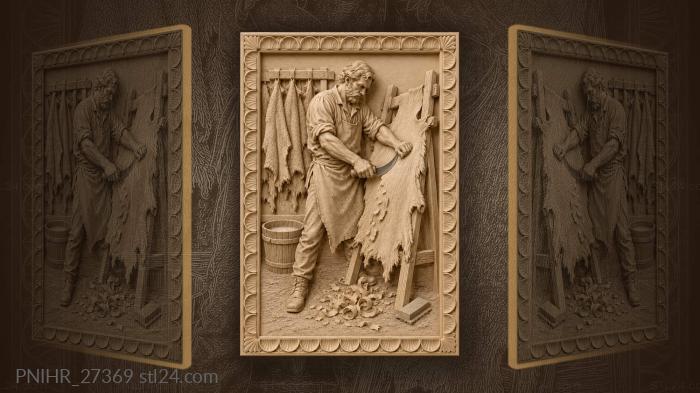 Hideworker shaves pelt beside lime bucket 3d STL model