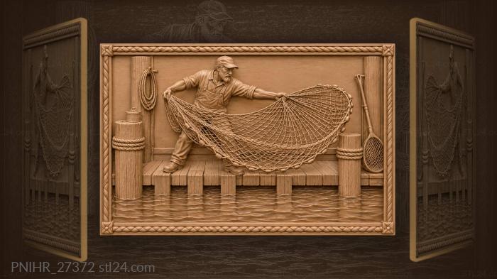 Fisherman casts net from dock 3d STL model