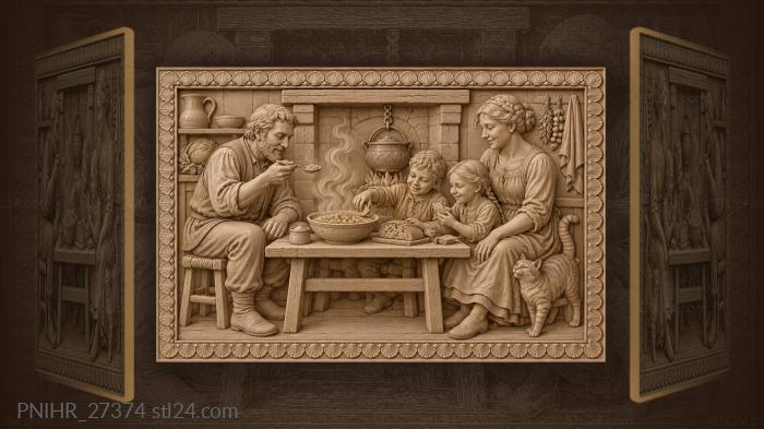 Family shares bread by the hearth 3d STL model