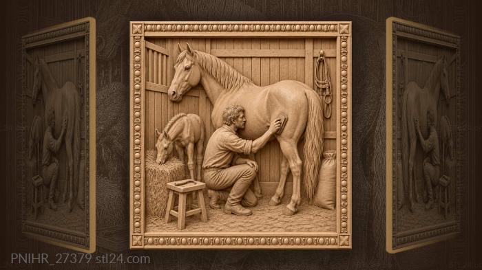Groom brushes the mare in stall 3d STL model