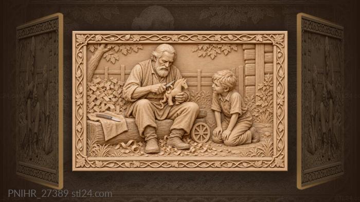 Old man whittling a toy horse 3d STL model