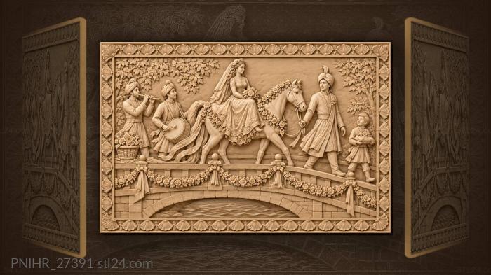 Groom leads mounted bride across bridge 3d STL model