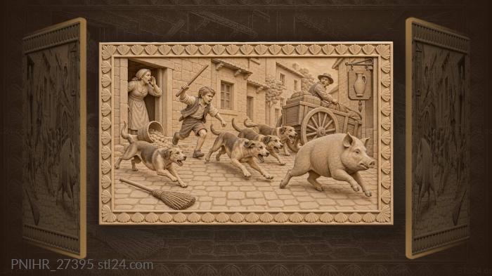 Dogs chase runaway pig through village 3d STL model
