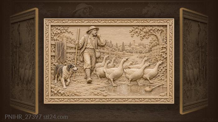 Herdsman drives geese down country lane 3d STL model