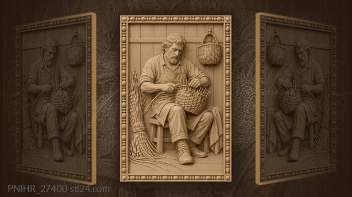 Basket weaver trims reeds with knife 3d STL model