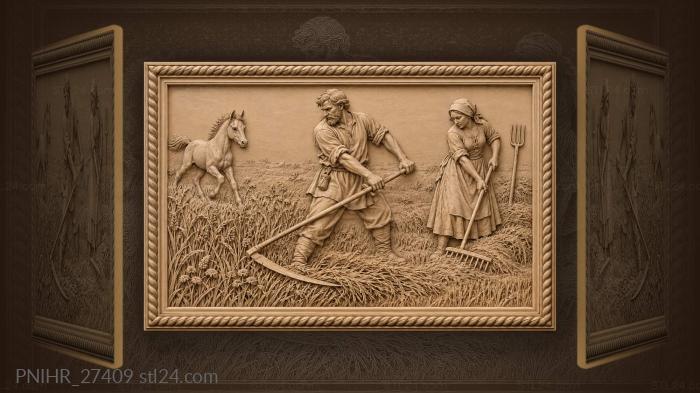 Scytheman and woman gather meadow hay 3d STL model