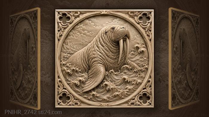 Walrus surges through waves with tusks raised 3d STL model