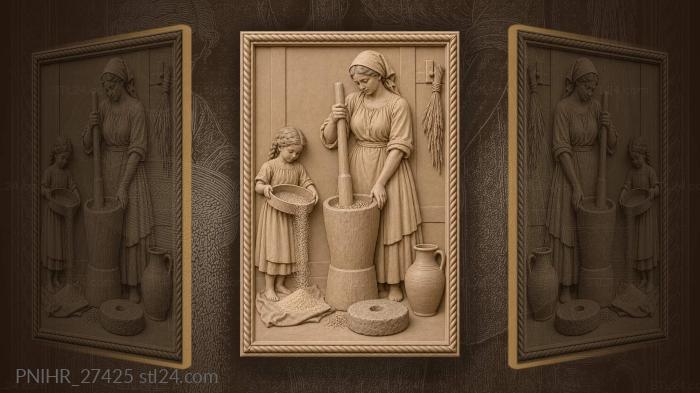 Woman pounds grain beside a sifter 3d STL model