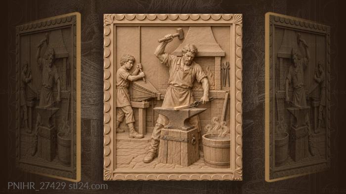 Hammer descends on smiths glowing iron bar 3d STL model