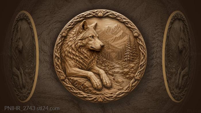 Wolf resting inside ring of pawprints 3d STL model
