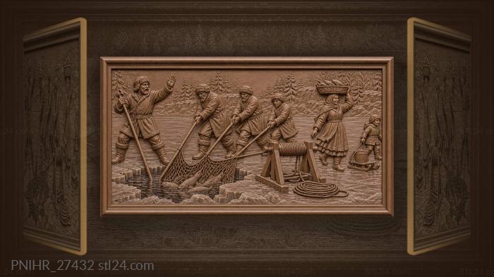 Villagers work a windlass over the net 3d STL model