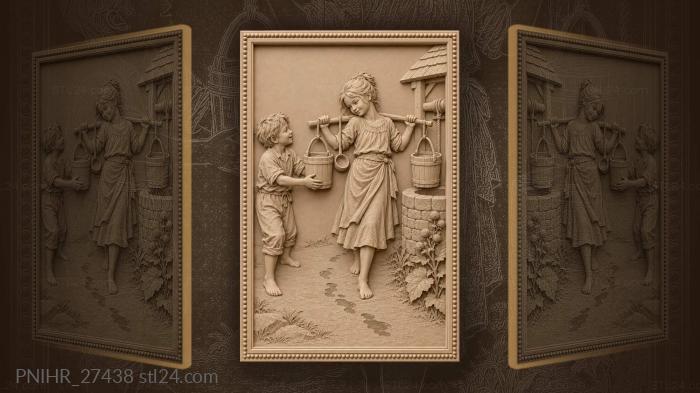 Girl balances buckets as boy assists 3d STL model