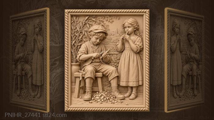 Boy whittling a willow flute together 3d STL model