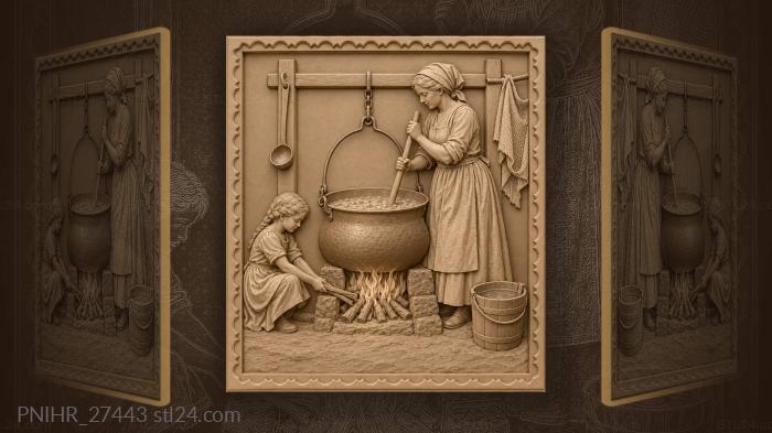 Woman stirs mash over fire 3d STL model