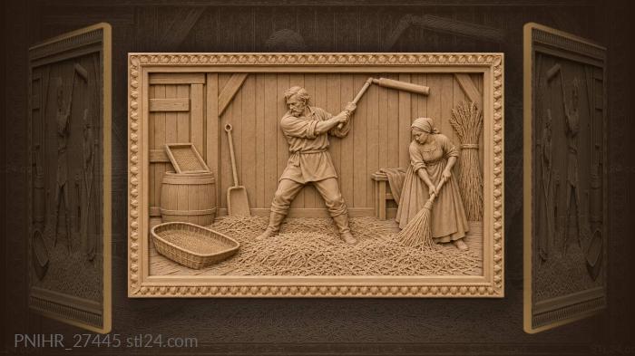 Threshing grain golden harvest scene 3d STL model