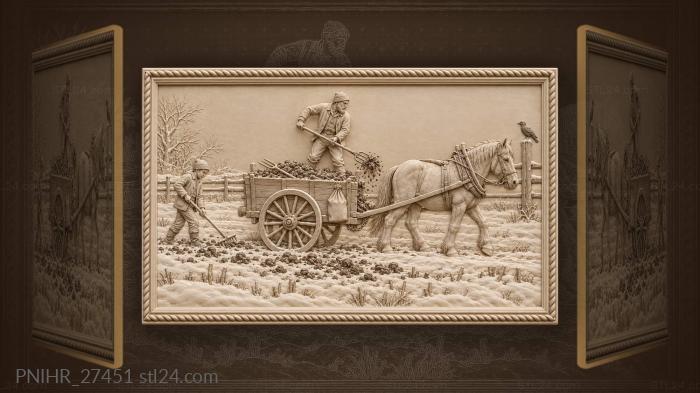 Farmer forks manure while horse plods 3d STL model