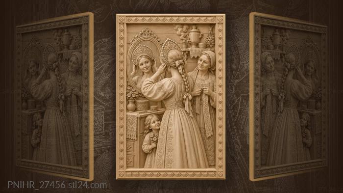 Bride fastens her headdress as family assists 3d STL model