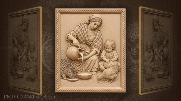 Woman pours milk beside toddler 3d STL model