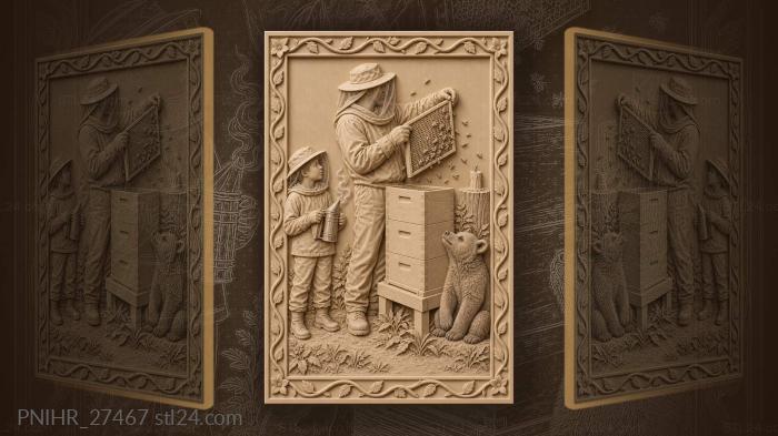Beekeeper lifts honeycomb while the cub sniffs 3d STL model