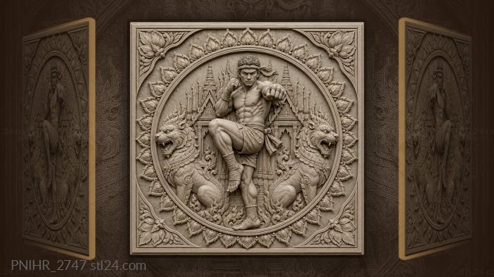 Muay thai fighter with temple lions 3d STL model