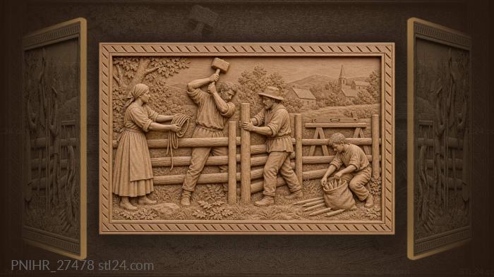 Builder swings the mallet as helpers brace 3d STL model
