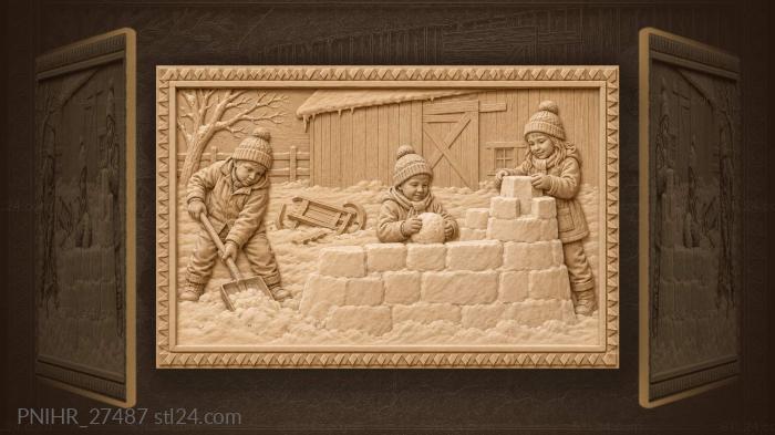 Children build snow fort by barn 3d STL model