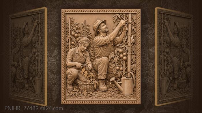 Gardener ties tomatoes beside climbing snail 3d STL model